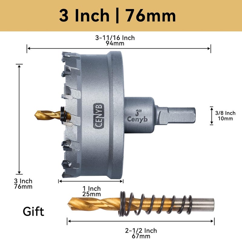 cenyb 3" (76mm) Tungsten Carbide Tipped Hole Saw with 2Pcs Titanium-Plated Pilot Drill Bits for Hard Metal,Stainless Steel,Iron,Aluminum Alloy,Wood and Plastic - Image 2
